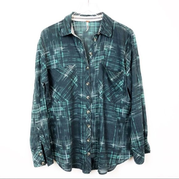 Free People Oversize Plaid Stripe Button Down Thin - Picture 2 of 8